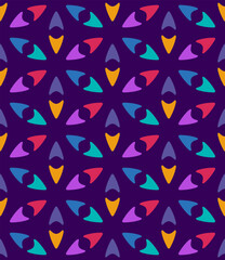 Festive bright colors geometric seamless pattern background. Colorful design elements like arrows or pointers in a regular rows on dark violet backdrop
