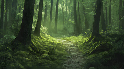 Obraz premium Covered Forest Trail With Jade Tinted Light