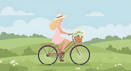 Naklejka premium Woman Cycling in Meadow with Flowers, Summer Day.