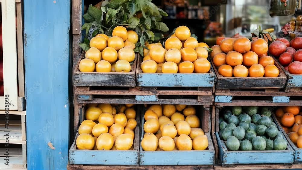 Poster vibrant fruit stand display with fresh oranges and melons in rustic crates, slow pan shot