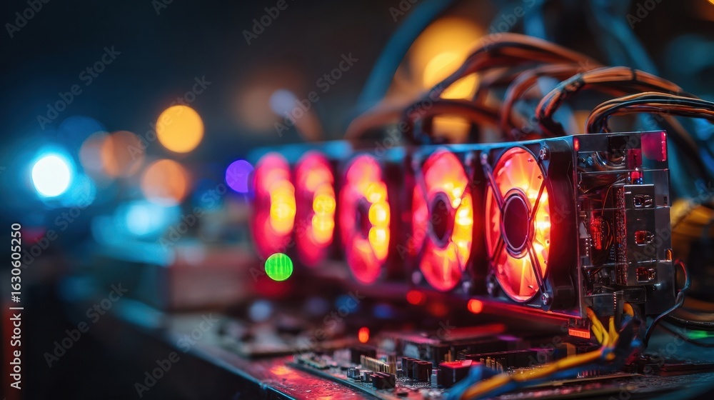 Aufkleber high-performance computer hardware with glowing fans used for cryptocurrency mining in a dimly lit r