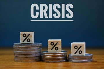  Economic Crisis Concept with Percentage and Coins on drak blue Background