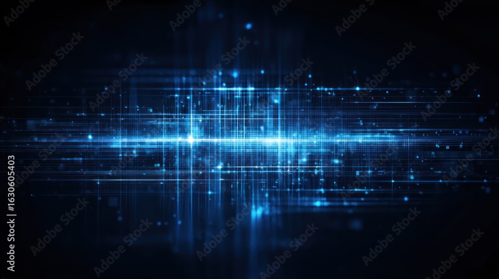 Poster abstract image of a blue light burst radiating outwards with sparkling particles floating