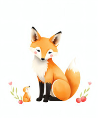 Obraz premium Charming fox and her playful kit enjoy a sunny day surrounded by flowers and berries in a whimsical illustration