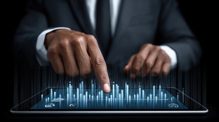 Businessman in suit using a digital tablet with data visualization and analytics on screen