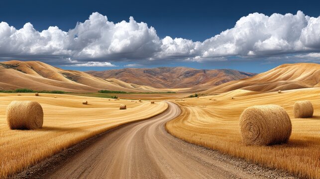 Golden fields stretch across rolling hills under a partly cloudy sky with hay bales scattered along a winding dirt road - Powered by Adobe