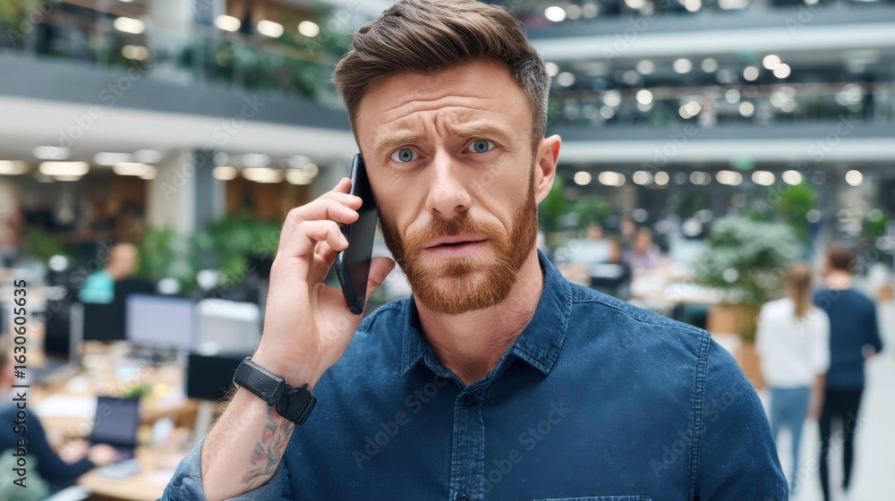 Aufkleber man talking on mobile phone in modern office environment with colleagues working in background