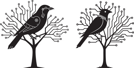 Two birds perched on stylized trees with circuit board branches silhouette