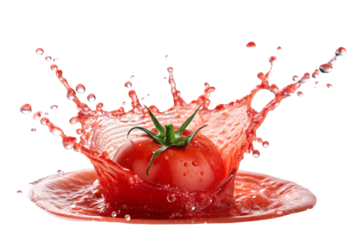 Fresh Tomato Exploding in Juicy Red Splash on Transparent Background
