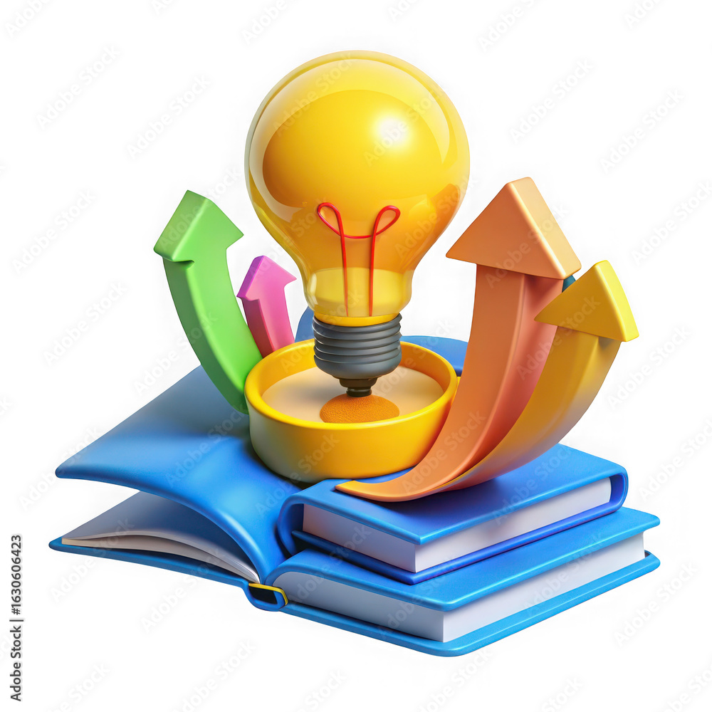 Poster 3d illustration of a bright lightbulb sits atop a stack of books with arrows pointing upwards symbol