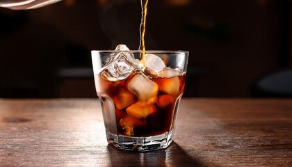 dripping cold brew coffee being poured into glass filled with ice