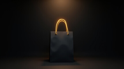 A sleek black shopping bag with glowing gold handles stands against a dark background, evoking a sense of luxury and anticipation for black friday deals and seasonal promotions