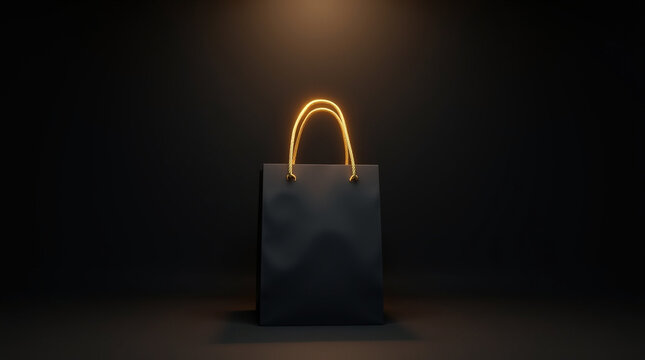 A sleek black shopping bag with glowing gold handles stands against a dark background, evoking a sense of luxury and anticipation for black friday deals and seasonal promotions - Powered by Adobe