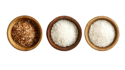A variety of rice grains presented in wooden bowls white rice brown rice and short grain rice healthy food