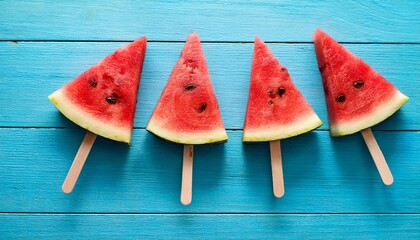 watermelon slices on sticks against blue wood