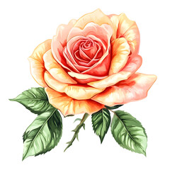 Beautifully detailed watercolor rose blossom with green leaves isolated on white background