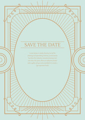 Retro invitation template. Gold lines, oval frame, light blue.eps