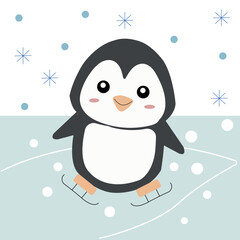 Cute penguin and snowman on snowy Christmas card illustration
