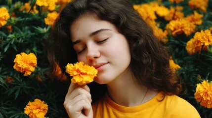 Naklejka premium Woman smelling yellow marigold flower among blooming marigolds in garden