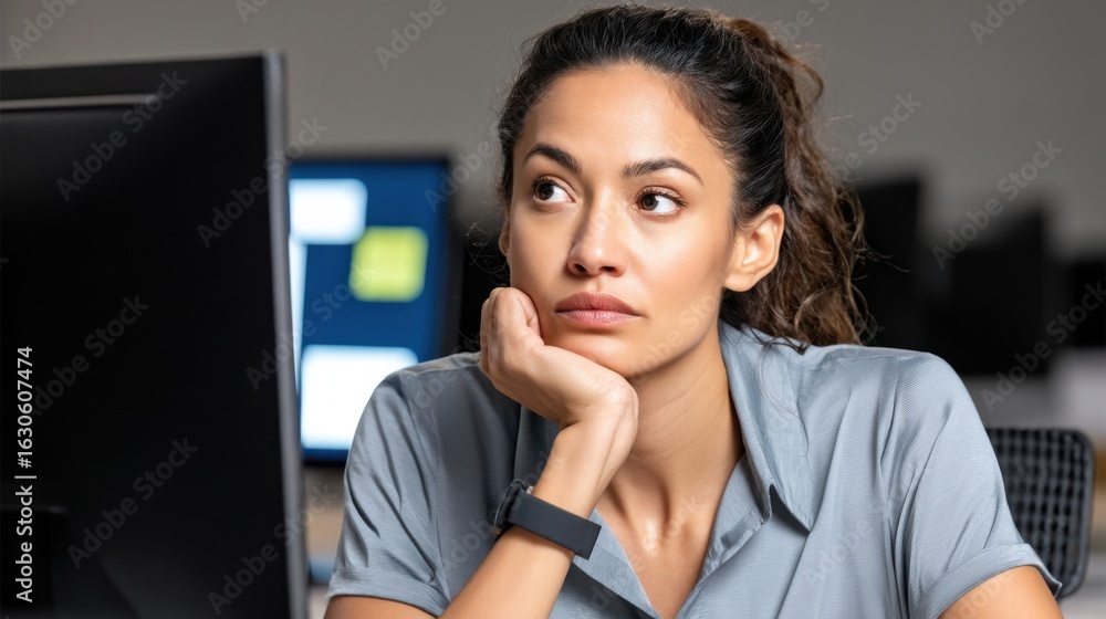 Aufkleber woman working at computer with thoughtful expression in an office setting