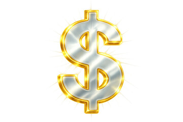 Fototapeta premium Metallic silver dollar sign with glowing gold edges, embodying wealth, prosperity, and financial success, isolated on a transparent background