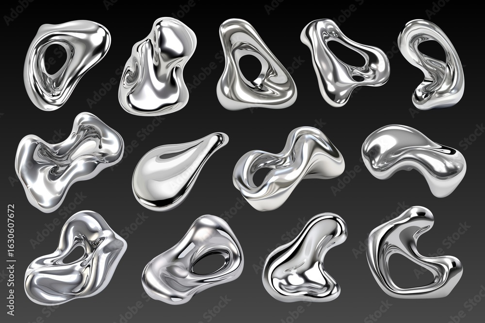 Poster 3d liquid chrome abstract shape design element set
