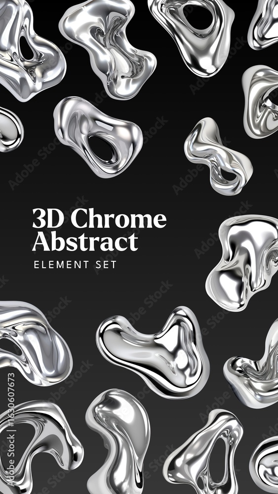 Poster 3d liquid chrome abstract shape design element set