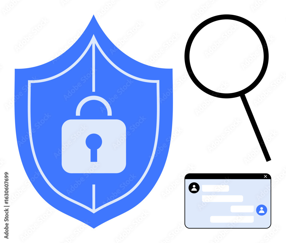 Poster shield with lock symbolizing data security, magnifying glass for search, and chat window. ideal for 