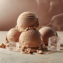 Delicious chocolate ice cream scoops with ice cubes and walnuts on a light colored background