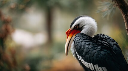 Obraz premium Close up profile of grey hornbill bird with distinctive red beak white head feathers and dark plumage
