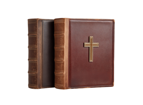 Two Bible books with a cross isolated on a transparent background in PNG format. - Powered by Adobe