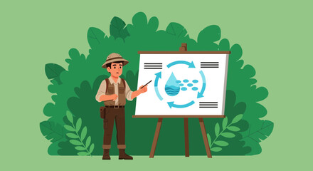 Explaining Water Cycle Presentation With Man Wearing Safari Clothes © Rizqi