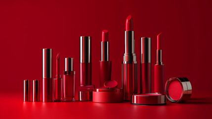 Elegant red makeup collection featuring lipsticks lip glosses and blush on a symmetrical background