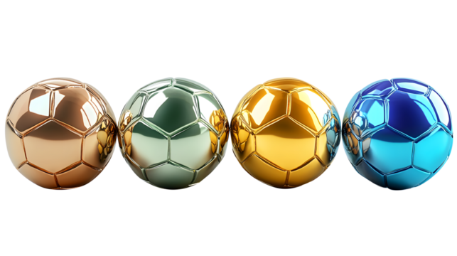 Four metallic footballs in different colors illustrating sport and conceptual design for awards and achievements