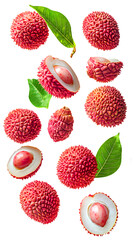 Freshly harvested lychee fruits with green leaves isolated on a white background