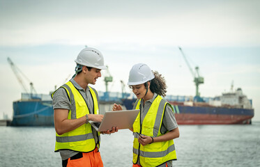 Two construction workers collaborate with a laptop by the waterfront during a sunny day near a busy port