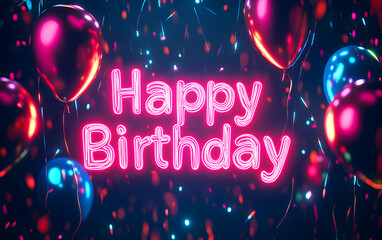 Glowing neon happy birthday sign with colorful balloons and confetti against a dark background ideal for celebratory events