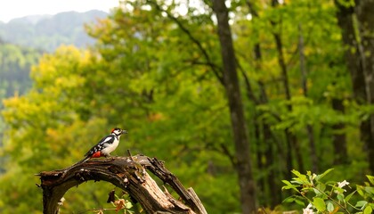A woodpecker perches on a weathered branch against a softly blurred background of autumnal forest