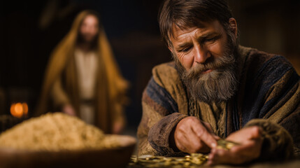 Obraz premium By candlelight, a rich man counts coins at night beside a barn full of grain, while Jesus silently watches from the shadows with solemn eyes, revealing true wealth beyond riches..