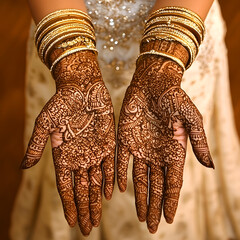 Intricate henna designs adorning hands of a bride embellished with golden bangles