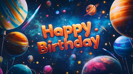 Happy birthday greeting with planetary balloons and a sparkling starry space background.