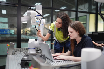 Engineers collaborating with robotic technology in modern workspace