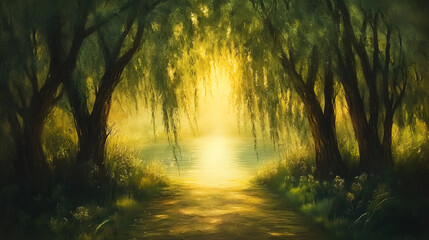 Fototapeta premium Forest Walkway With Drooping Branches Summer Bca9918E