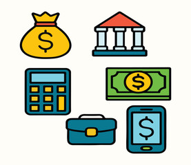 Colorful Line Icons: Financial Assets, Banking, and Mobile Payments Illustration
