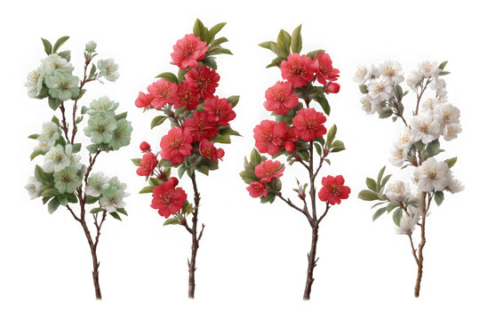 Four branches of blooming azaleas isolated on transparent background