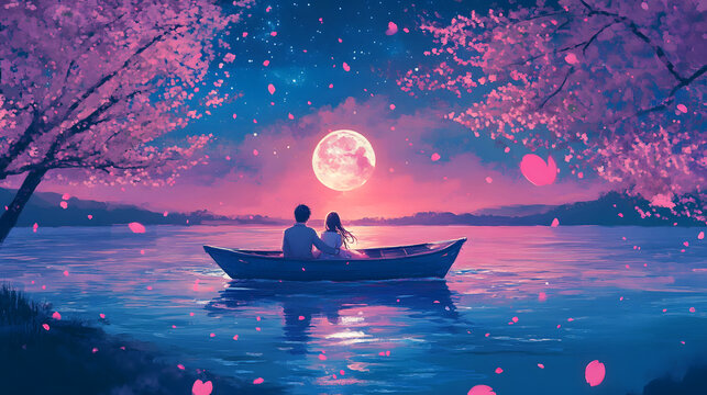 Romantic couple boating under cherry blossoms and full moon in dreamy watercolor landscape