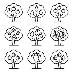 Obraz premium Fruit Tree Icons. Line style icons of Fruit Tree Species: apple tree, pear tree, orange tree, cherry blossom tree, lemon tree,