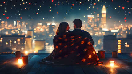 Romantic couple watching city lights under a night sky with candles and cozy blanket