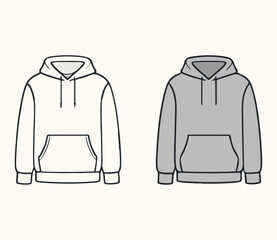 Three Simple Hoodies: White, Black, and Gray; Minimalist Line Art Design; Apparel Mockup for Branding.

