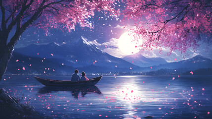 Romantic sunset serenade a couple rowing a boat beneath cherry blossoms reflecting on calm waters